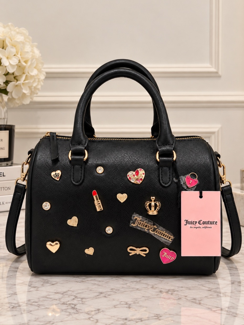 Juicy Couture Black Satchel with Gold & Pink Charms